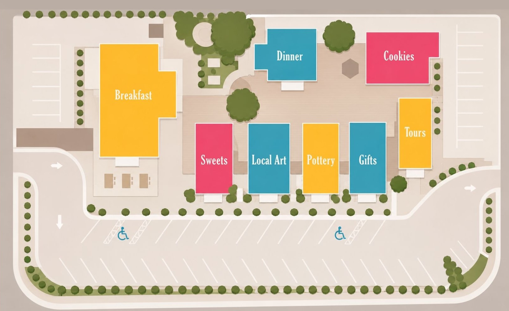 Sarasota Bungalow Village site plan showing all five businesses, parking, pathways, and amenities